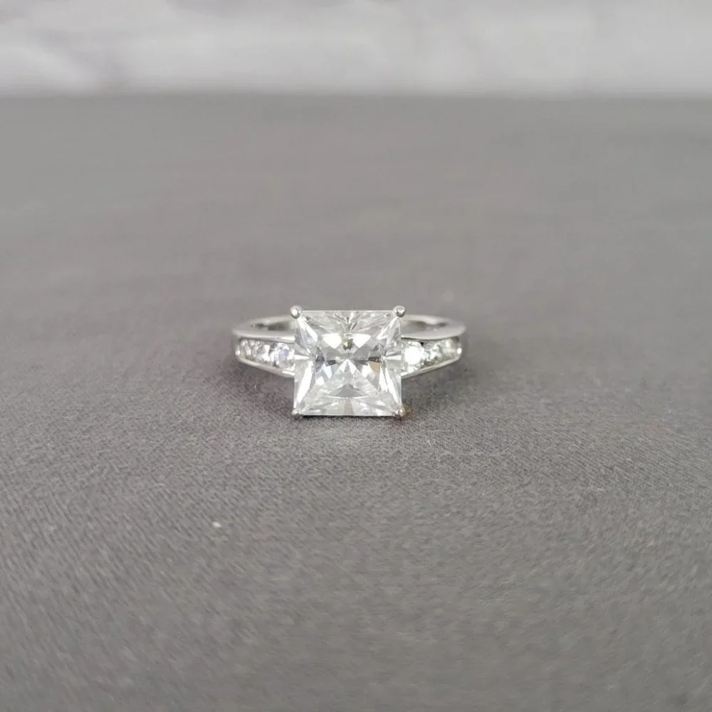 Sparkling Silver 4ct Princess Cut w/ Round Side Stones CZ Engagement Ring, Sz 9 - Picture 10 of 14
